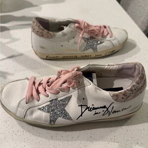 Golden Goose White and Pink Sneakers with Silver Glitter Star